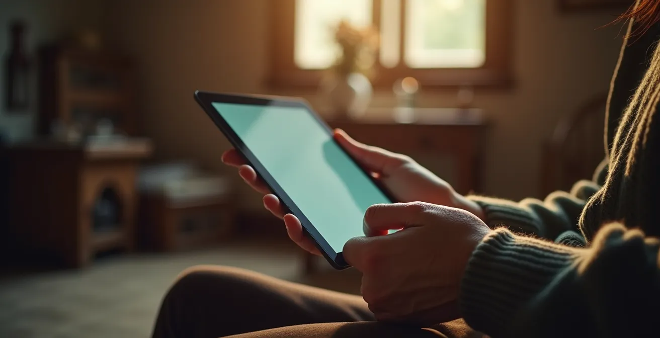 Mani giovani e anziane che tengono insieme un tablet mostrando foto d'epoca