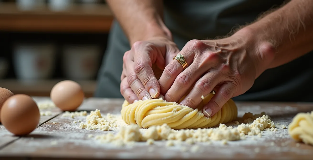 Mani esperte di nonna che impastano la pasta fresca su tavolo di legno antico