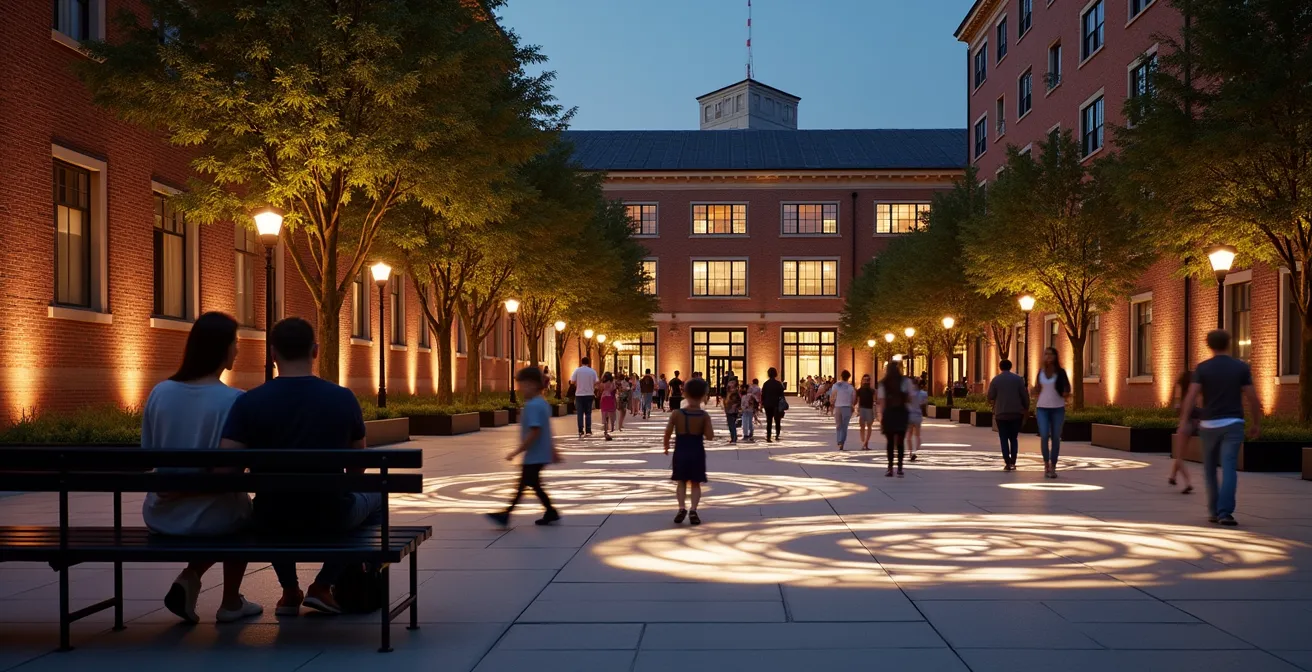 Piazza urbana di notte con illuminazione modulata e persone che socializzano