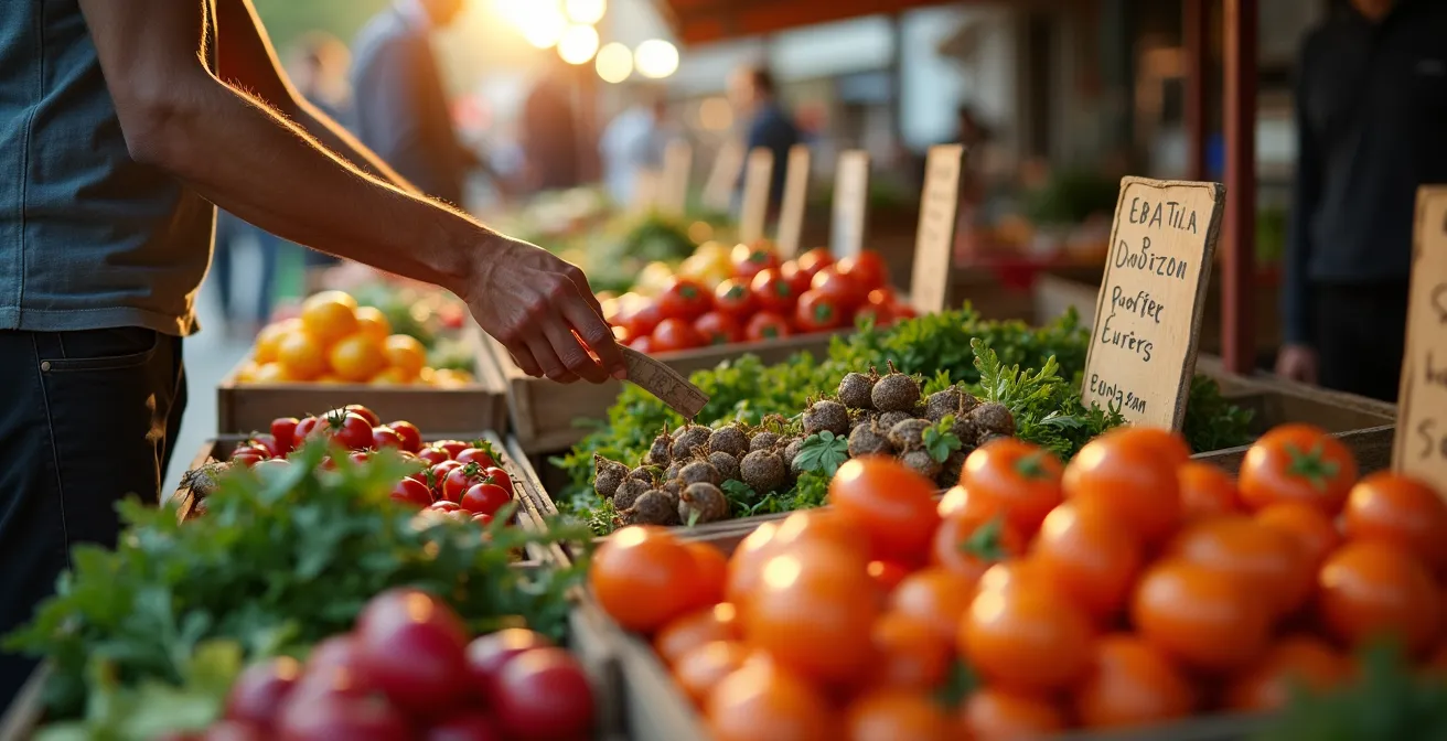 Banco di un mercato rionale italiano con verdure di stagione imperfette e genuine, simbolo di autenticità.