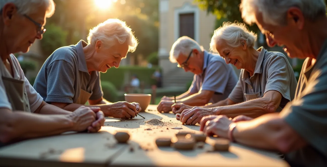 Residenti anziani partecipano a un laboratorio culturale nel giardino di un museo