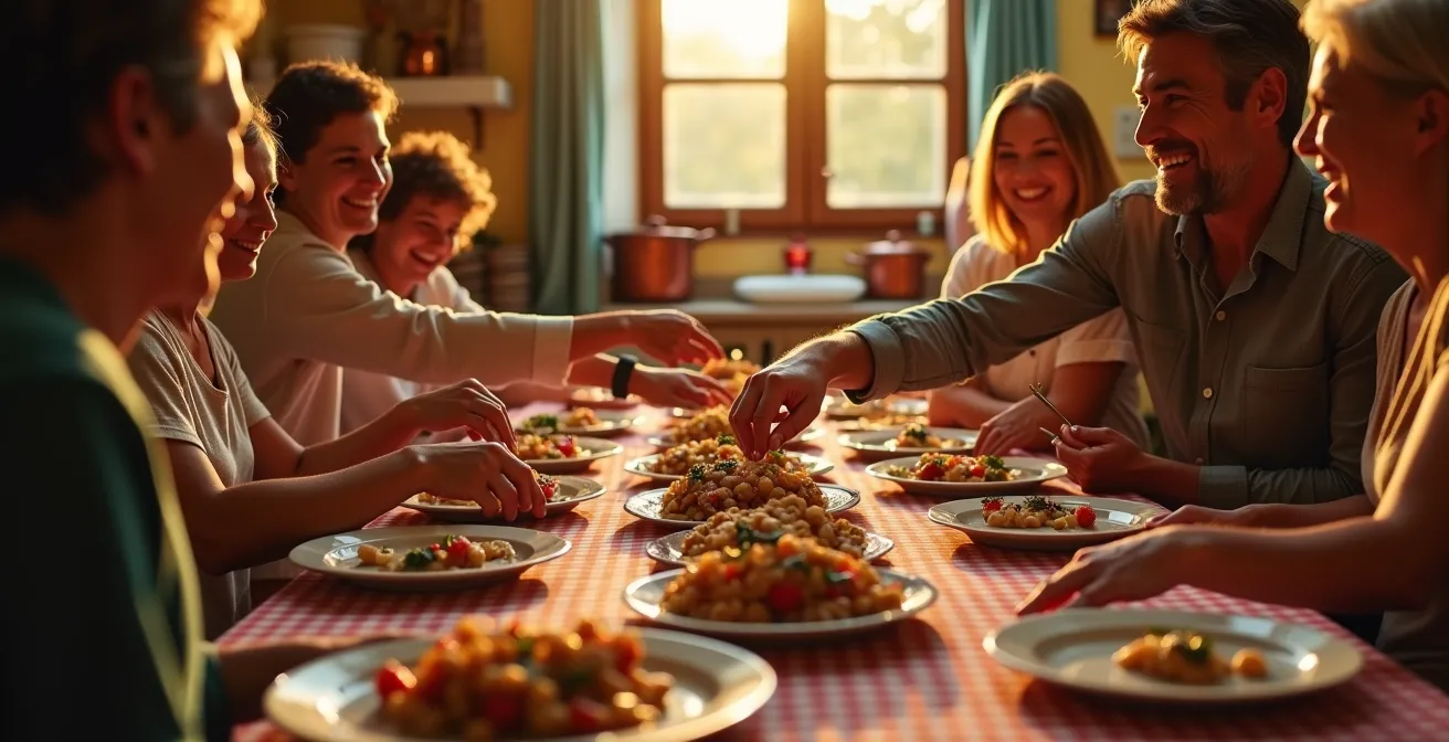 Tavola italiana apparecchiata per un pranzo serale con elementi tradizionali che simboleggiano l'adattamento del rito