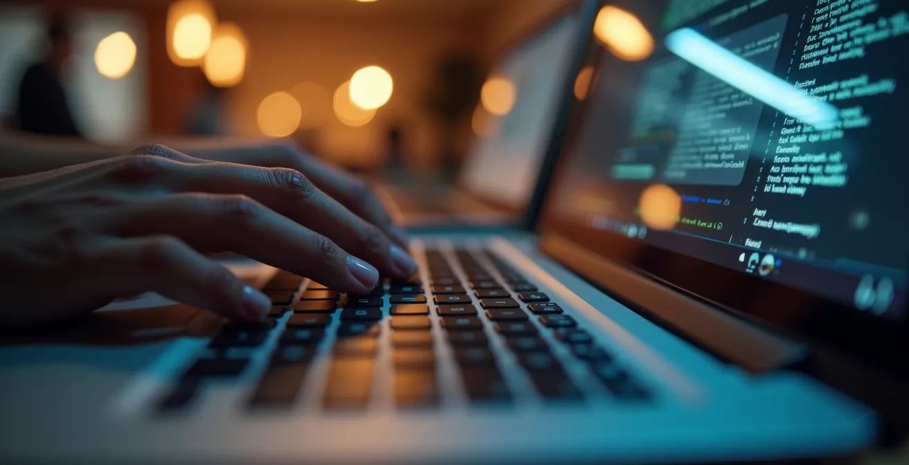 Professionista che utilizza filtro privacy per schermo in spazio coworking