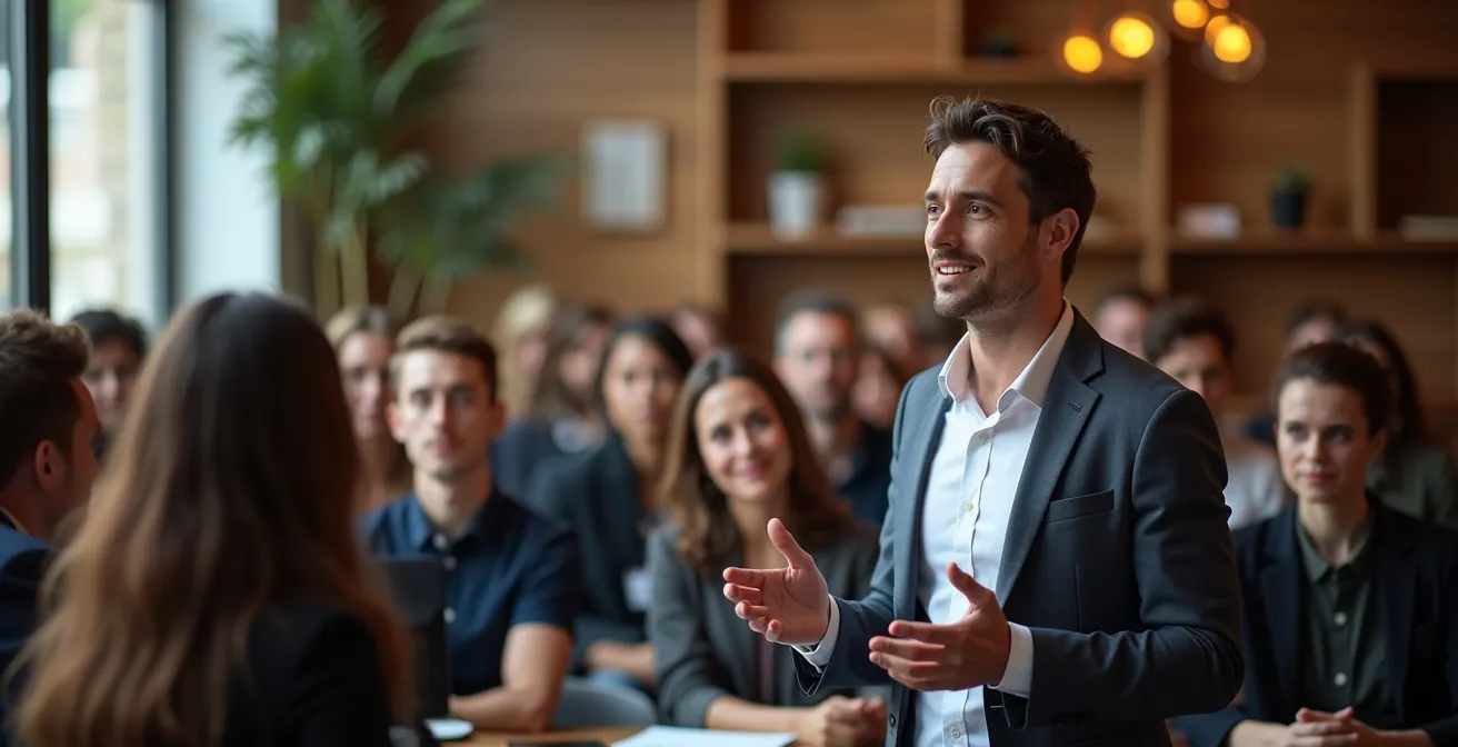 Speaker che presenta a un gruppo di professionisti in uno spazio eventi di coworking