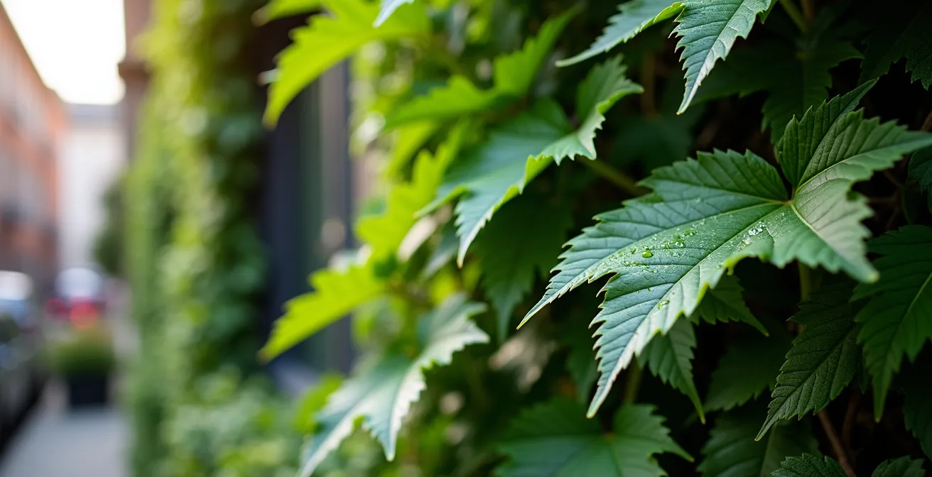 Facciata verde di edificio con diverse specie vegetali che creano ombreggiamento naturale