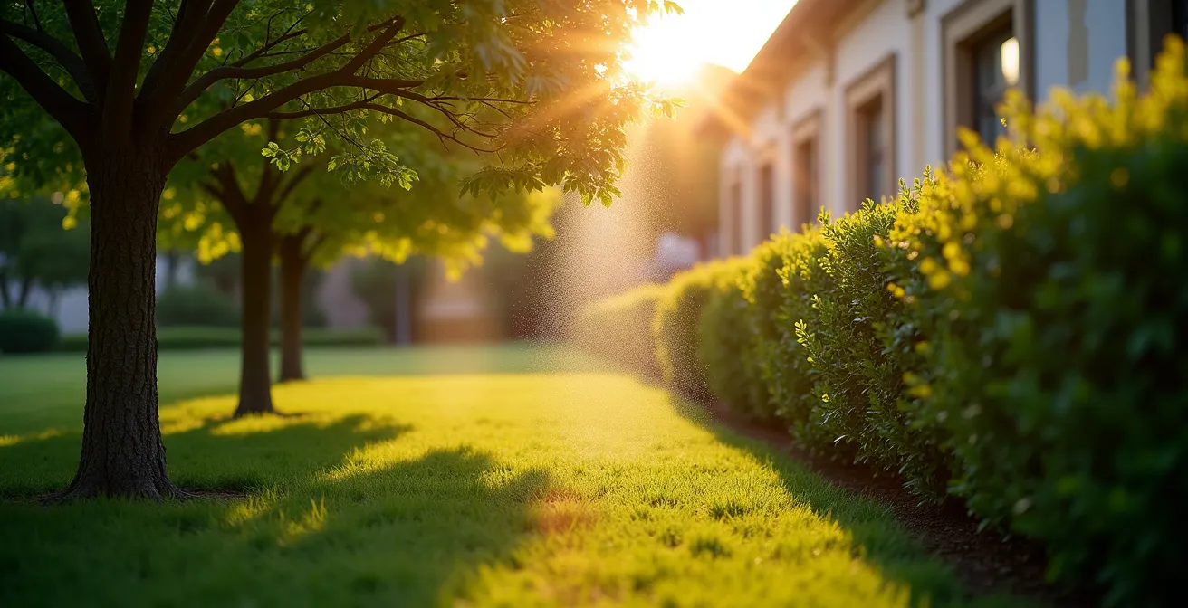 Confronto visivo tra alberi ad alto fusto e siepi dense in un giardino urbano del Nord Italia
