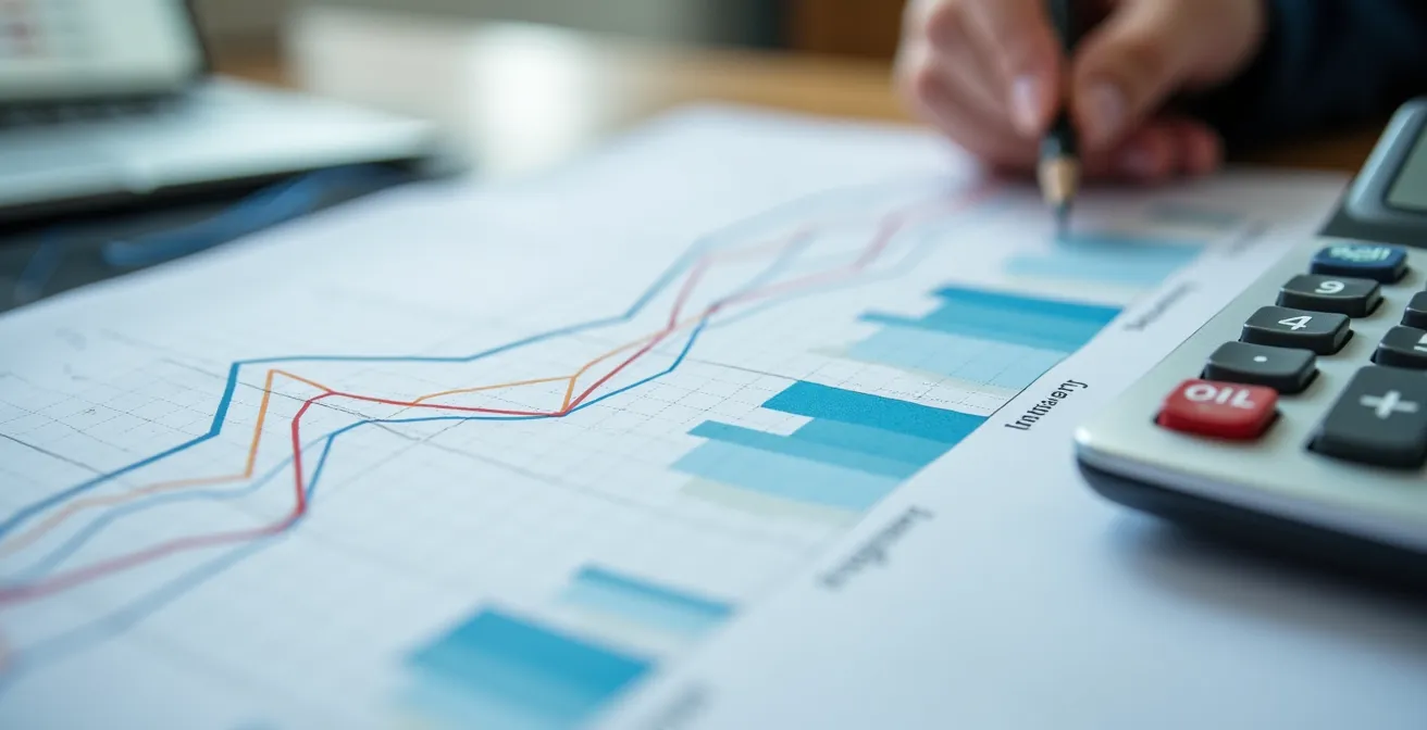 Vista macro di grafici stampati e calcolatrice su scrivania per analisi scorte