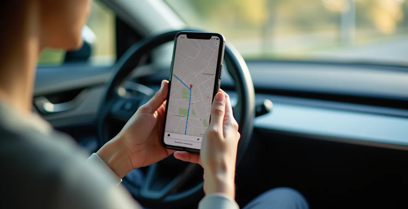 Mani che tengono uno smartphone con app di navigazione mentre sullo sfondo si vede l'interno di un'auto elettrica