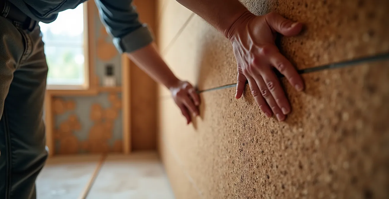 Installazione di pannelli in sughero naturale su parete interna con attrezzi da lavoro