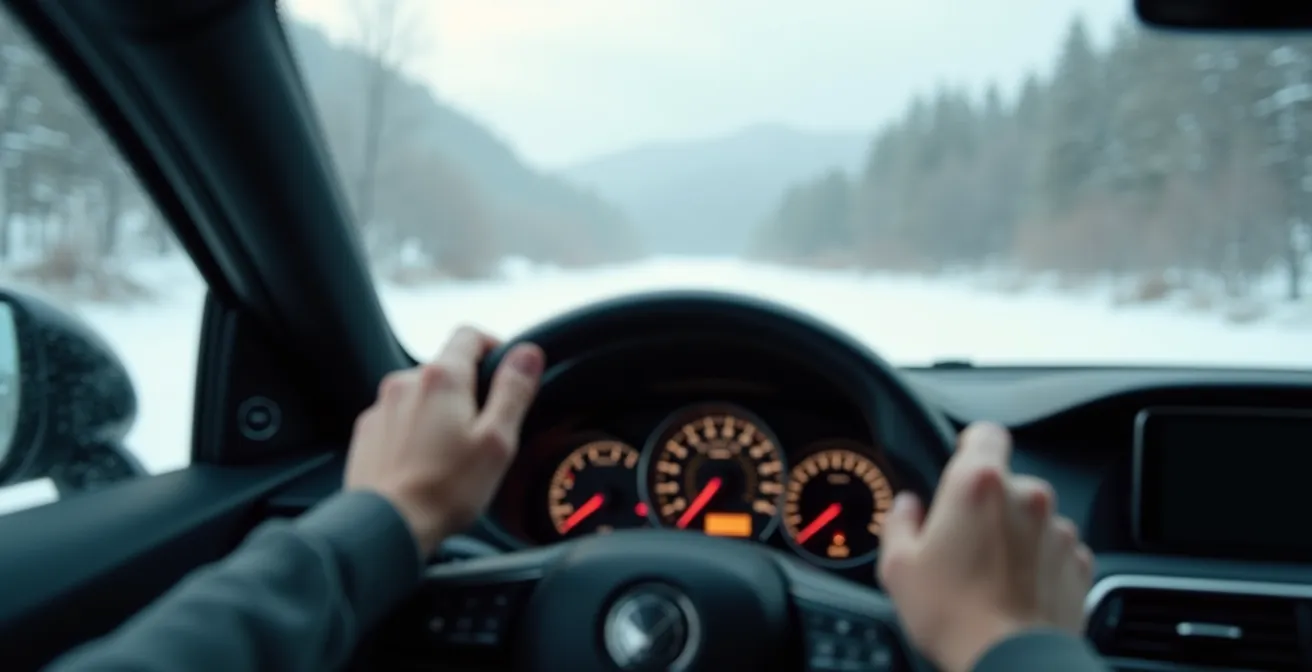 Auto elettrica su strada innevata con pneumatici invernali visibili