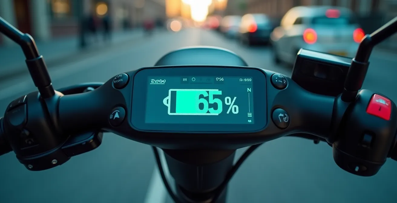 Dashboard scooter elettrico con indicatore autonomia e mappa urbana
