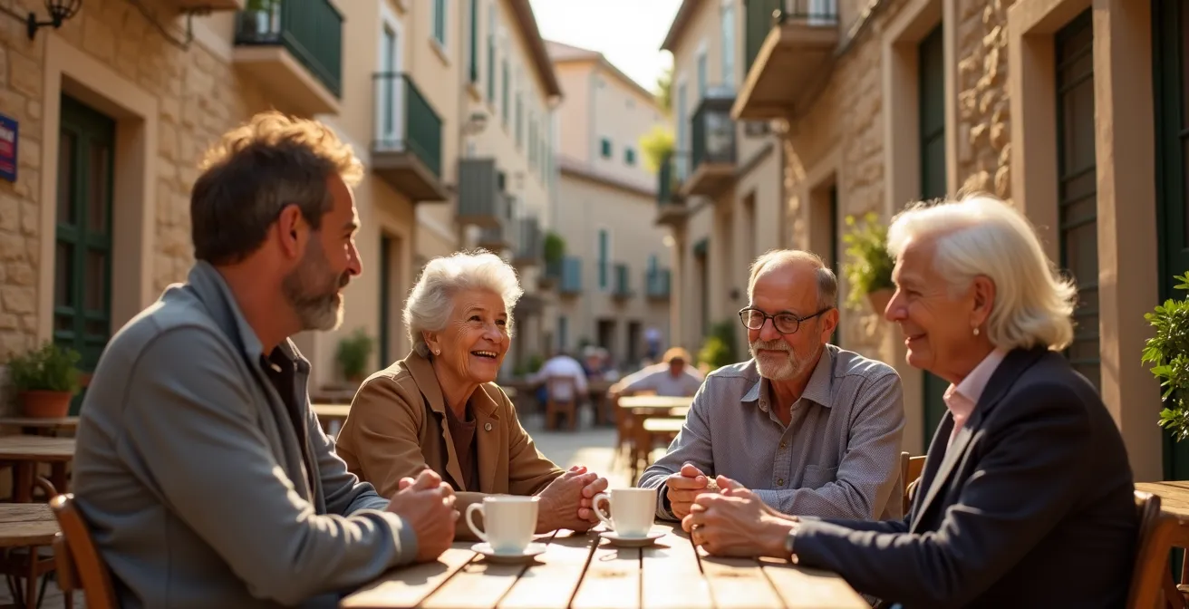 Piazza di borgo siciliano con residenti locali e nuovi abitanti in conversazione