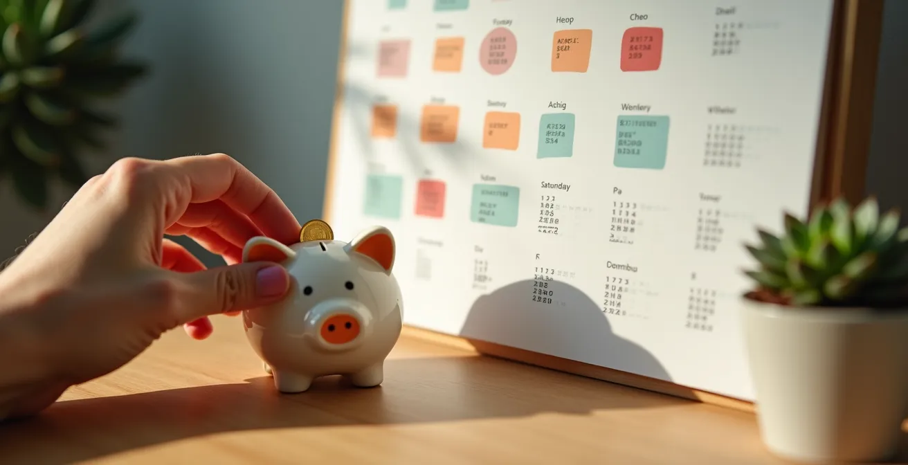 Calendario bancario con promemoria di risparmio automatico in sfondo sfocato