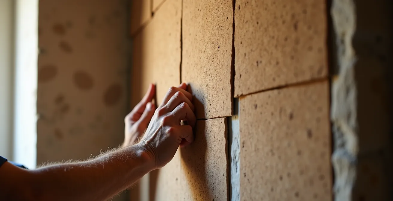 Vista ravvicinata di operaio che installa isolamento termico interno su parete