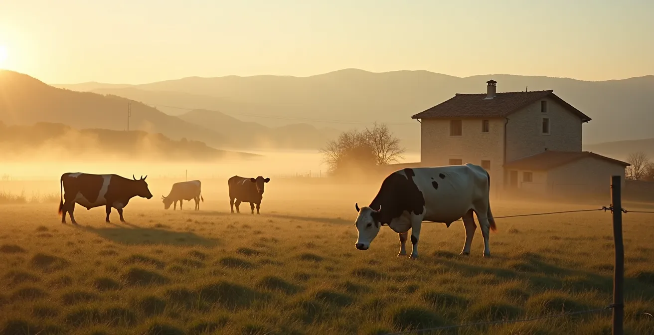 Vista ampia di una cascina italiana tradizionale con animali al pascolo