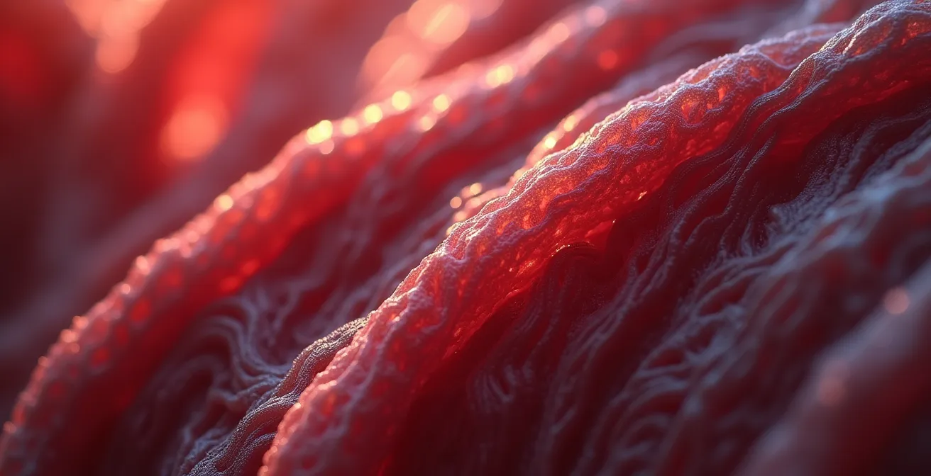 Dettaglio macro di fibre muscolari in fase di rigenerazione durante il sonno