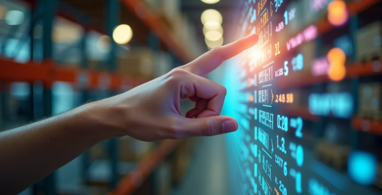 Mano umana e ologramma digitale che si incontrano sopra grafici di tendenza