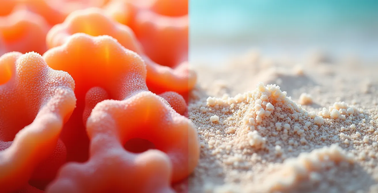 Composizione macro di coralli sani accanto a texture di sabbia con crema solare minerale