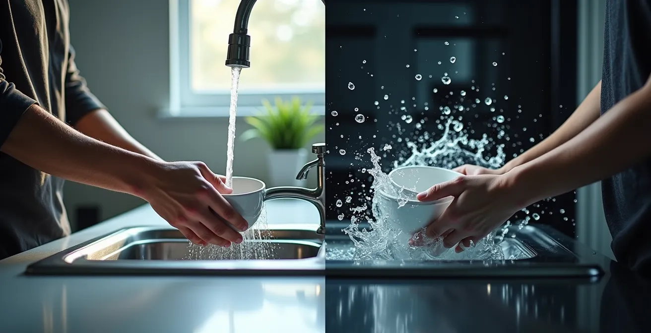 Confronto visivo tra lavaggio piatti a mano e in lavastoviglie moderna
