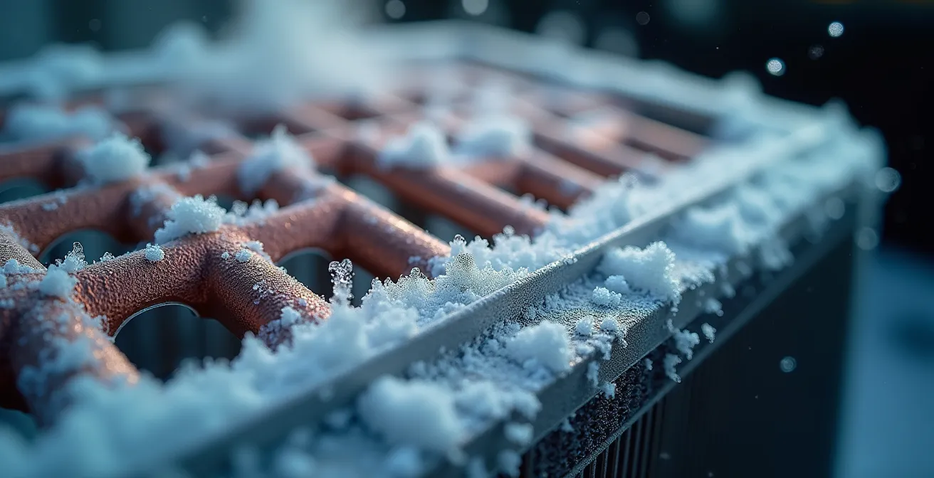 Dettaglio ravvicinato dei componenti di climatizzazione di un'auto elettrica con effetto ghiaccio e condensa