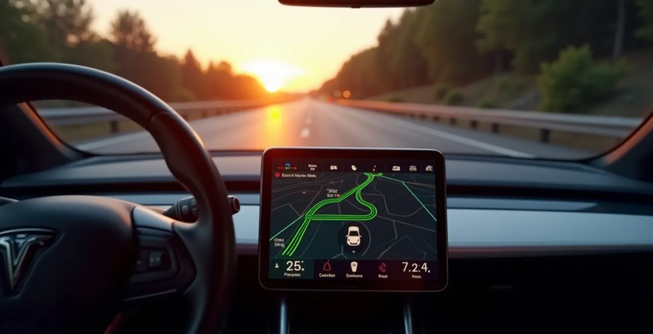 Dashboard moderno di auto elettrica con schermo navigatore che mostra percorso stilizzato