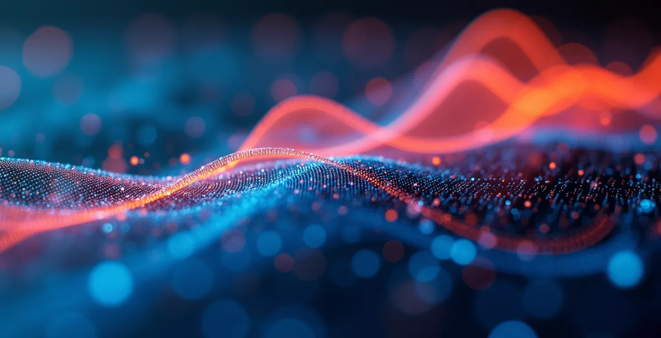 Vista macro di superficie digitale con pattern di dati e grafici astratti