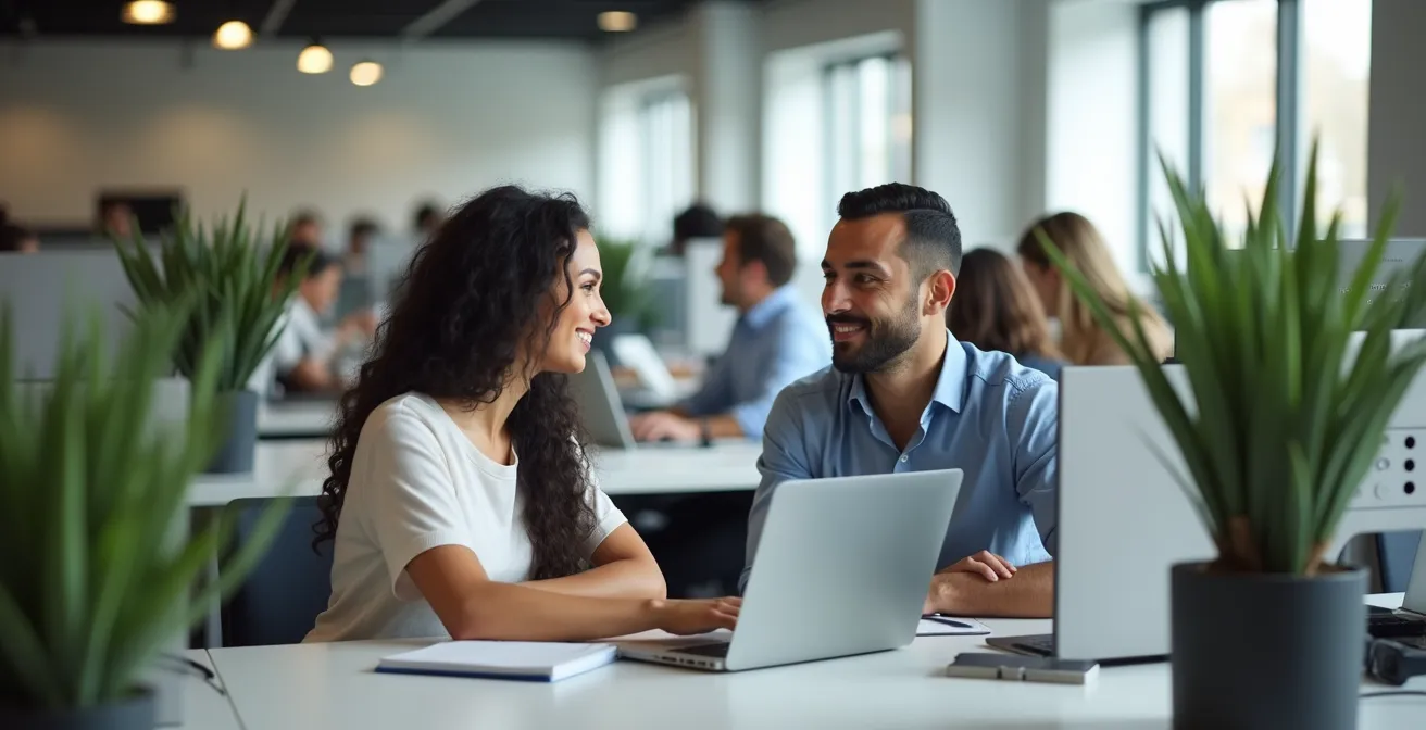 Ufficio open space con postazioni di lavoro modulari e persone che collaborano
