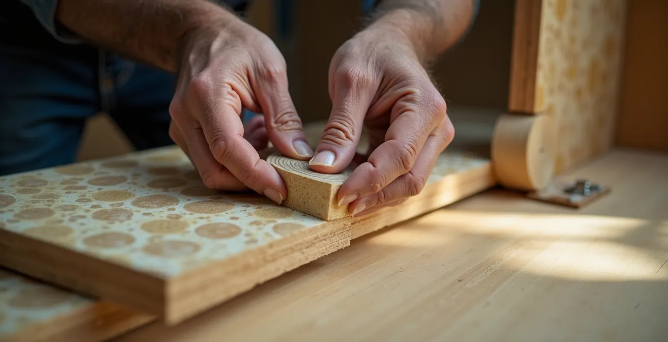 Mani che applicano nastro sigillante acustico su giunzioni tra pannelli isolanti in fibra naturale