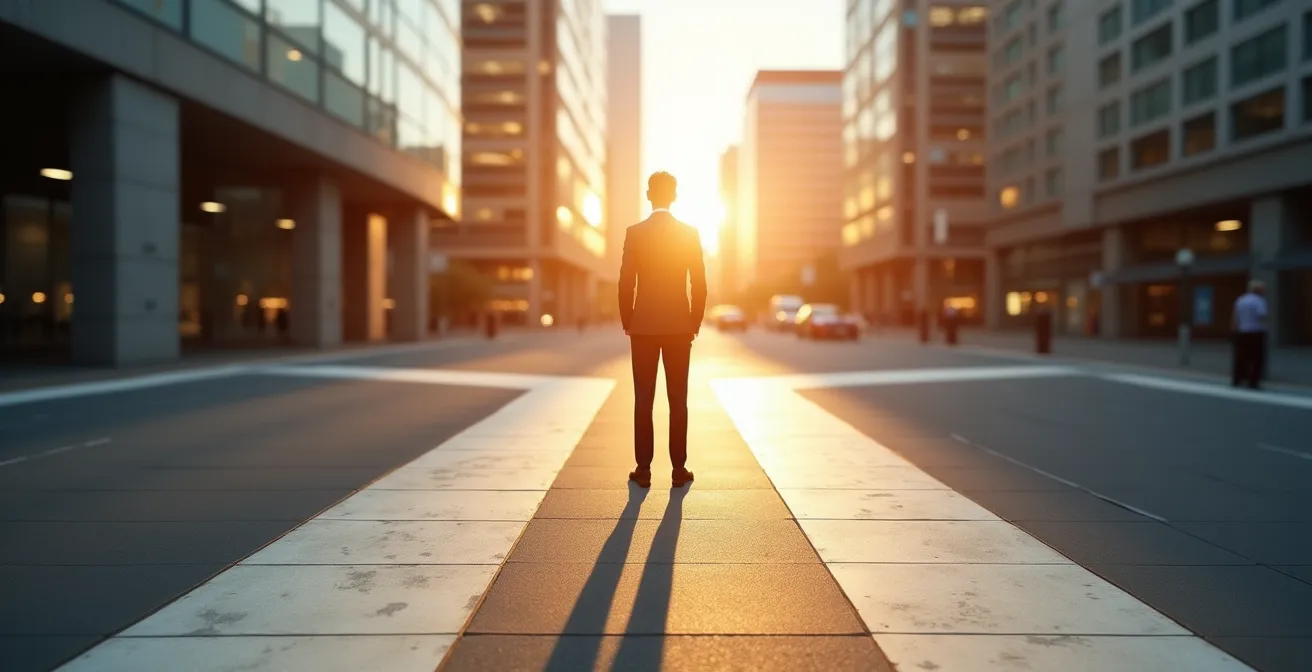 Imprenditore osserva diverse direzioni in un incrocio simbolico di opportunità di mercato