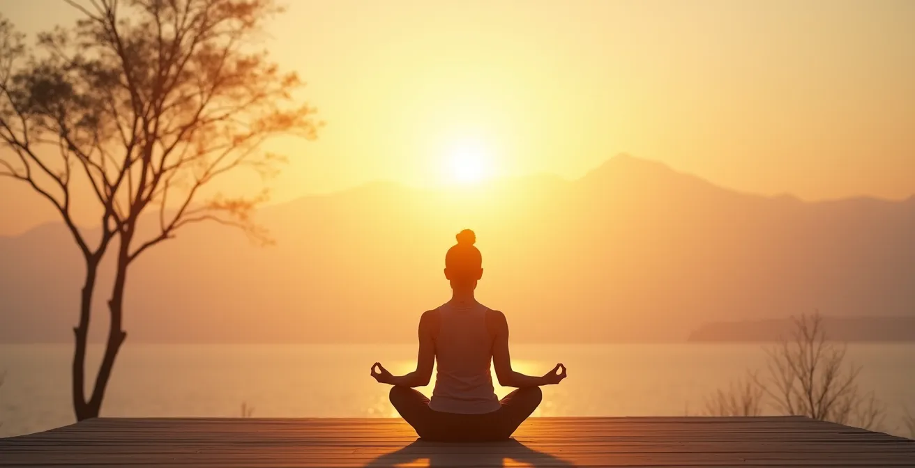 Persona che pratica meditazione all'alba in un ambiente naturale minimalista