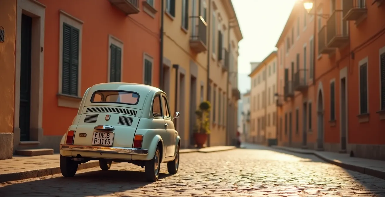 Vista posteriore di una Fiat 500 classica in contesto urbano italiano