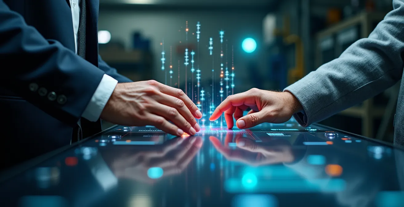 Gruppo di operatori esperti in formazione digitale con istruttore in ambiente industriale