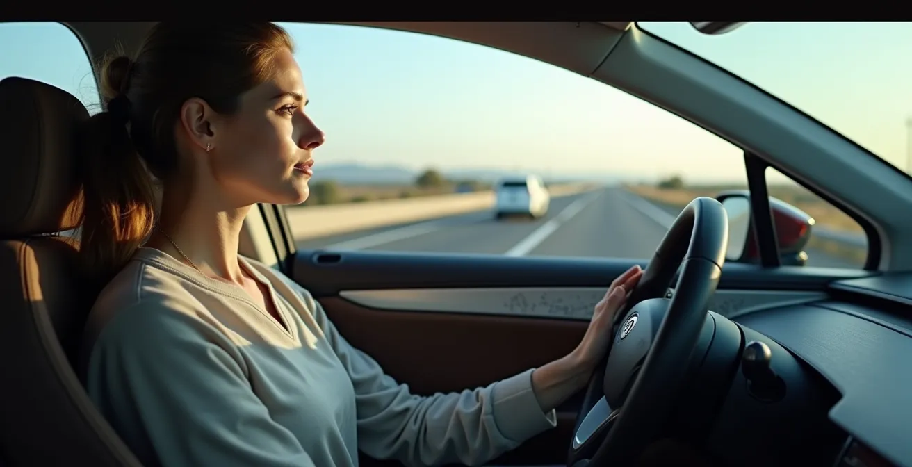 Interno futuristico di auto autonoma con conducente rilassato mentre il veicolo gestisce autonomamente la guida in autostrada