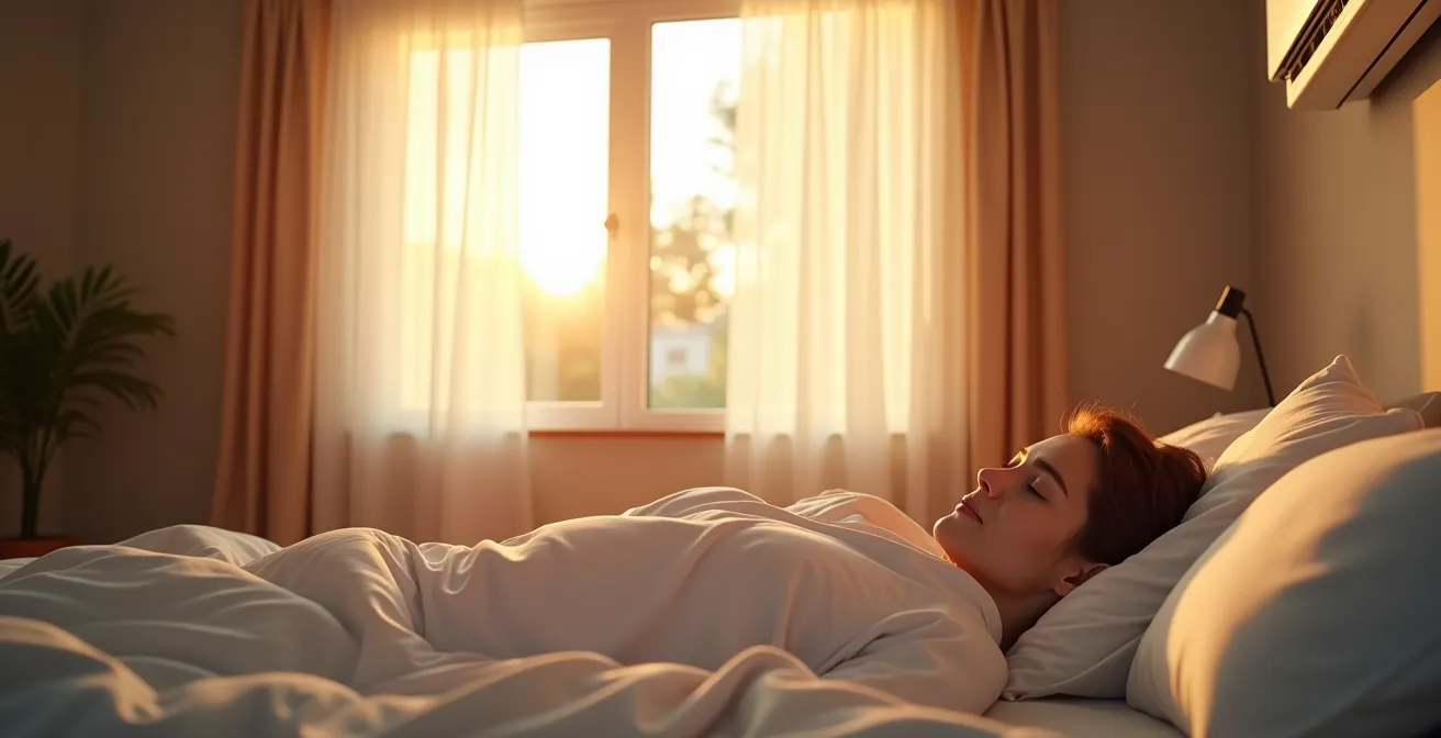 Camera da letto moderna con sistema VMC installato vicino alla finestra che garantisce aria pulita