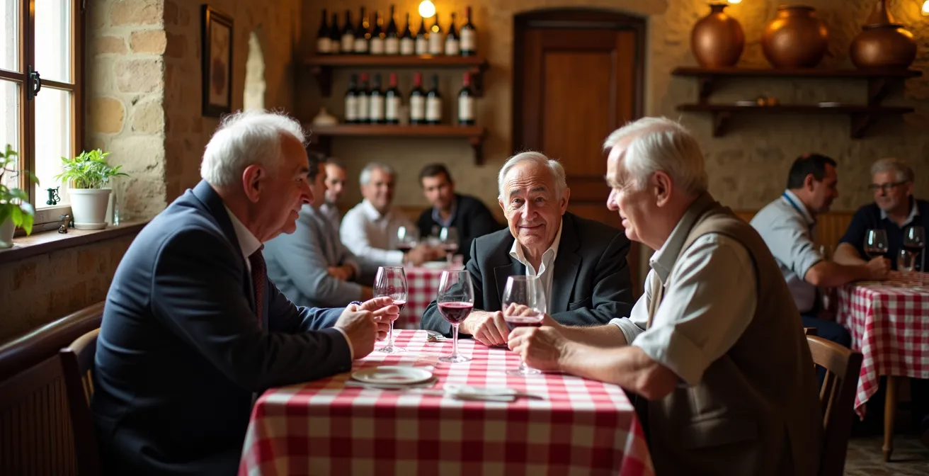 Interno accogliente di un'osteria tradizionale umbra con tavoli in legno e soffitto a volta