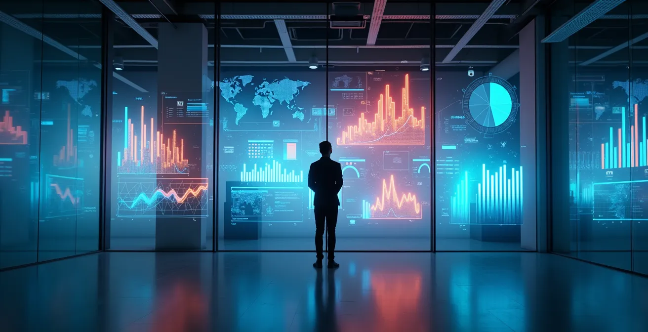 Dashboard digitale con grafici colorati che mostrano indicatori di performance senza testo leggibile