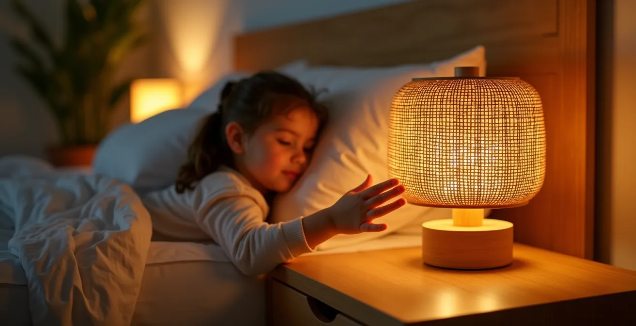 Lampada da comodino in bambù con luce calda soffusa in cameretta