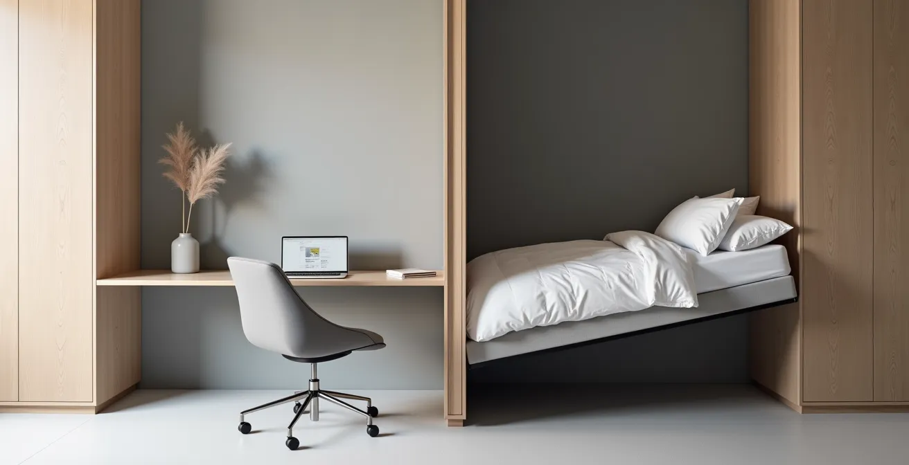 Sistema di letto a scomparsa che si trasforma in scrivania per home office