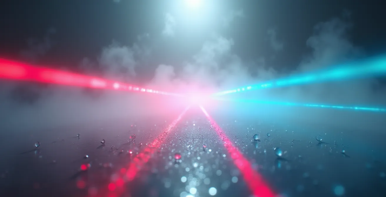 Visualizzazione dei fasci laser del Lidar che penetrano attraverso la nebbia densa creando una mappa 3D dell'ambiente