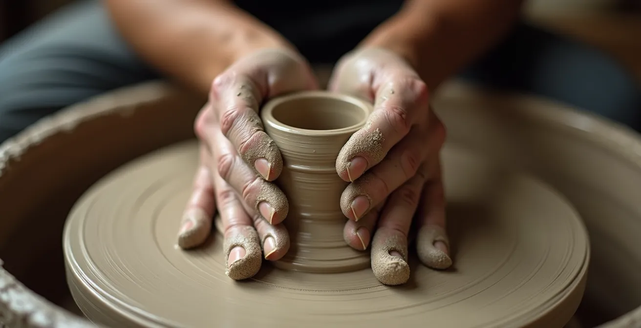 Mani che lavorano l'argilla durante un corso di ceramica artigianale