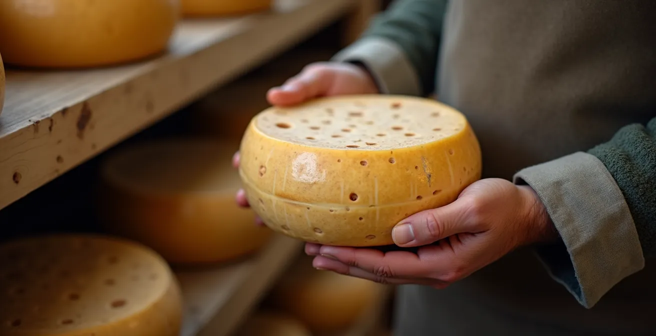 Mani di pastore che tengono forma di formaggio pecorino stagionato artigianale