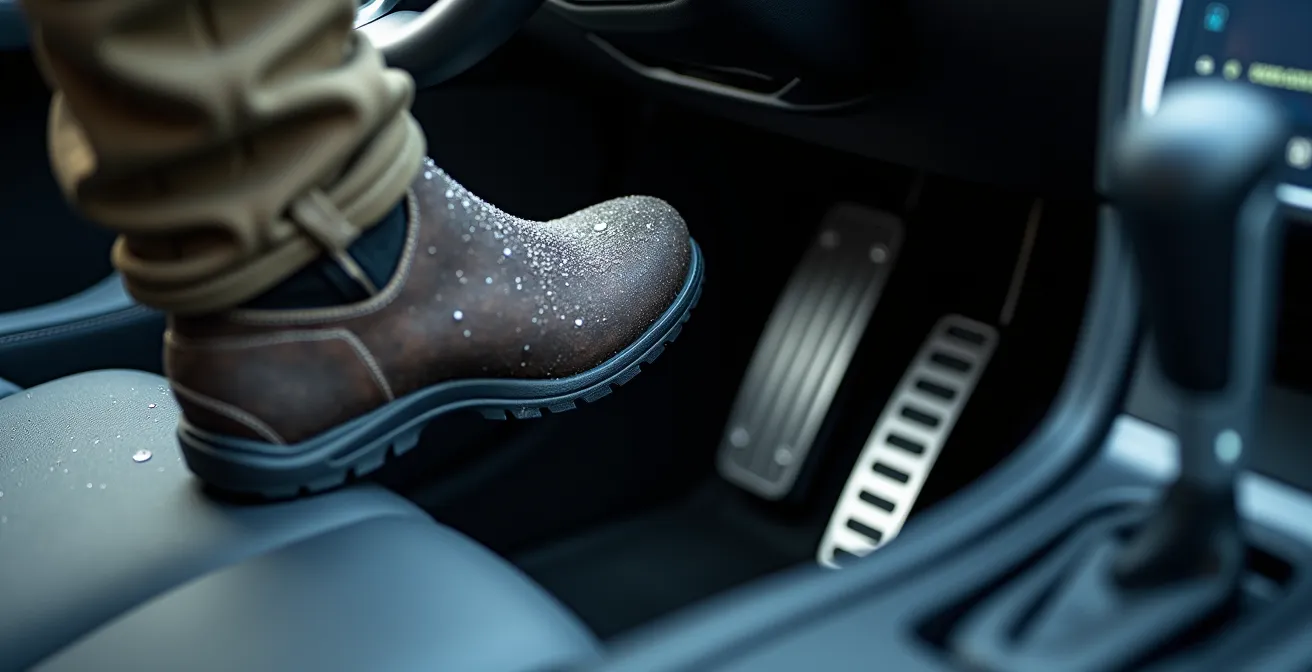 Dettaglio del pedale acceleratore con sistema one-pedal in condizioni invernali