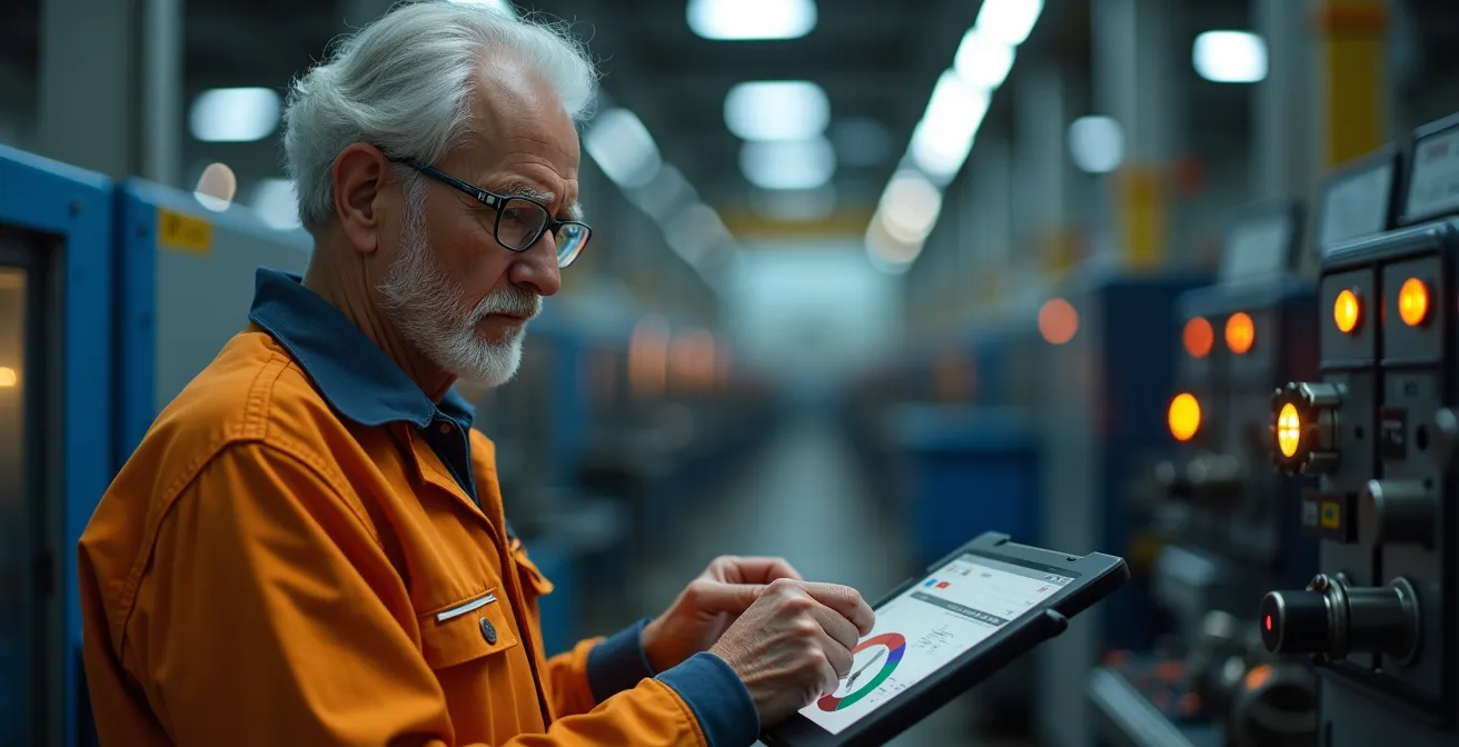 Operatore con tablet in officina moderna con sensori IoT installati sui macchinari