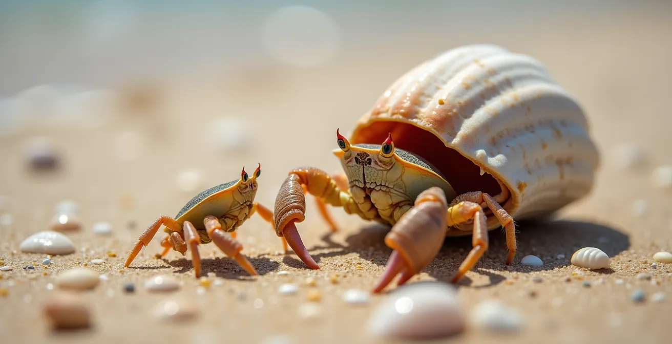 Paguro che abita una conchiglia vuota sul fondale marino sabbioso