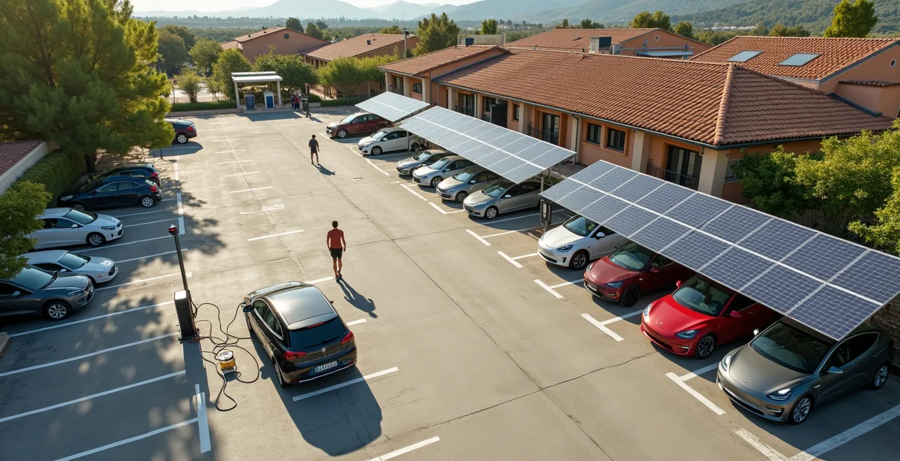 Vista aerea di un parcheggio di supermercato italiano con colonnine di ricarica e auto elettriche
