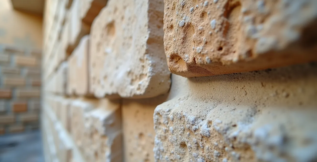 Dettaglio ravvicinato di restauro conservativo su facciata in pietra calcarea siciliana