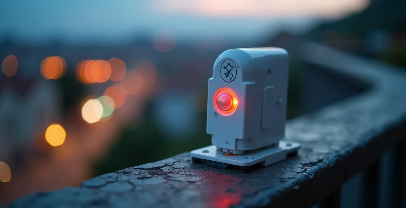 Sensore per la qualità dell'aria installato su un balcone con vista sulla città