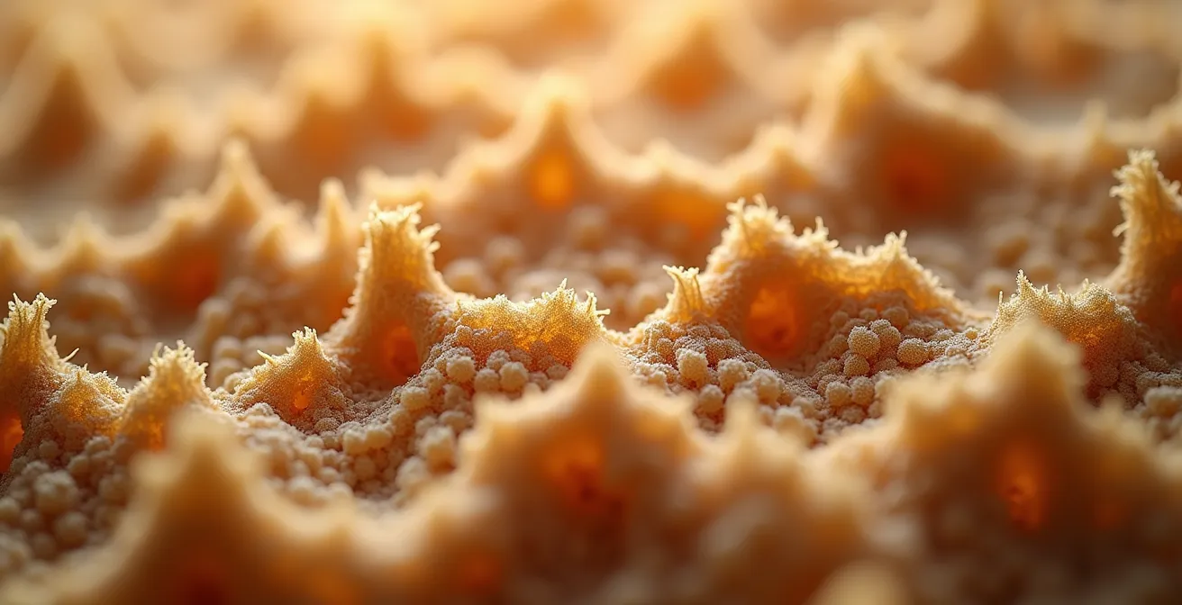 Sezione macro di fibra di legno massiva mostrando la struttura porosa naturale