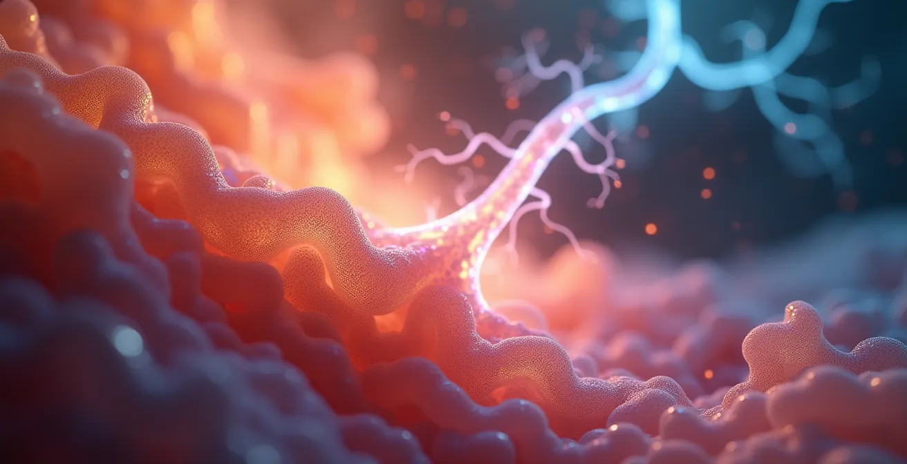 Vista macro di villi intestinali illuminati con pattern luminosi che si connettono verso l'alto come sinapsi neurali, simboleggiando l'asse intestino-cervello.