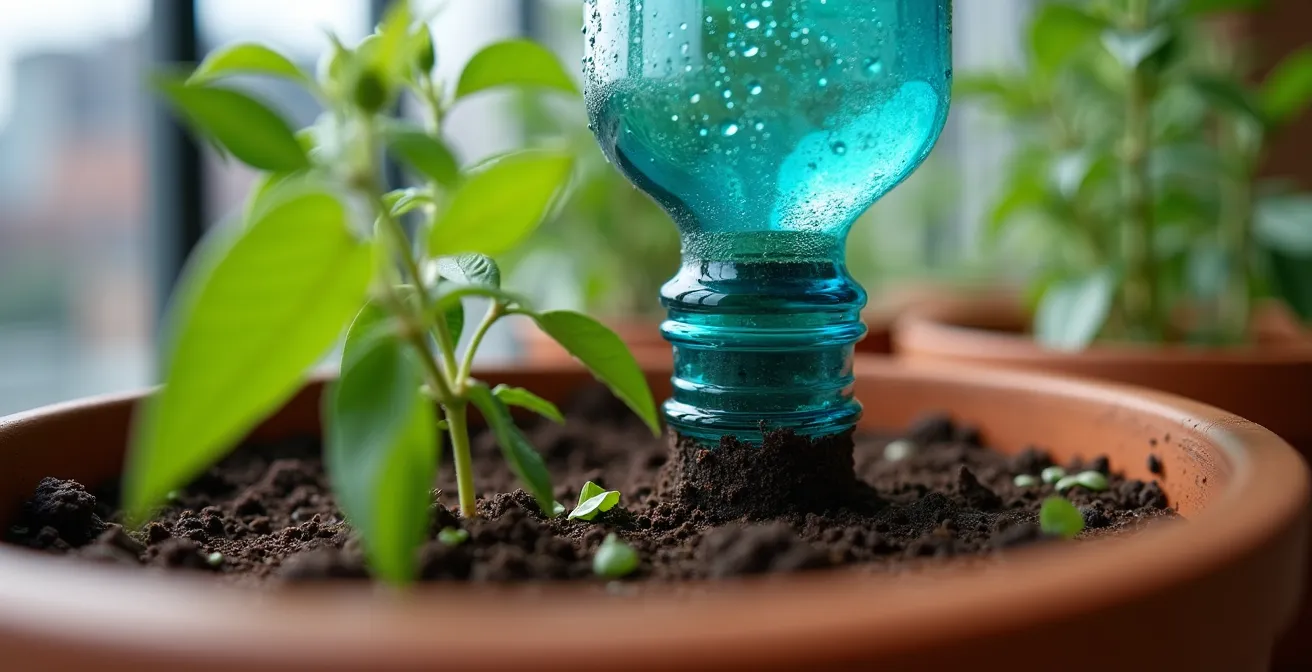 Sistema di irrigazione fai-da-te con bottiglie di vetro colorate su balcone urbano